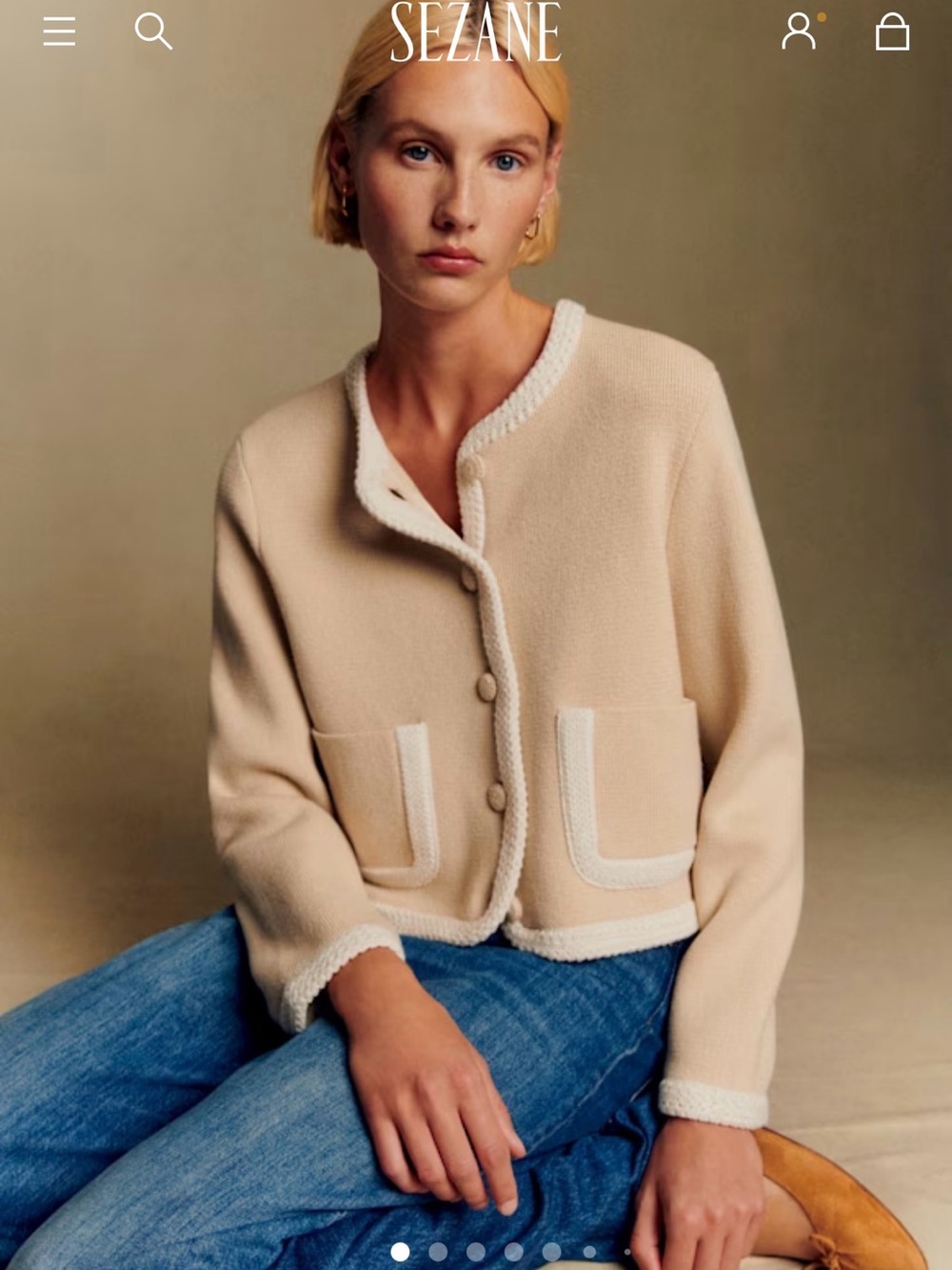New Sezane Cream and Beige Cropped Button Cardigan